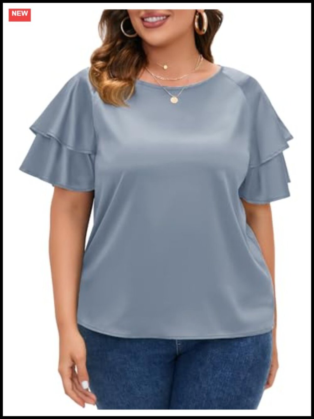 Plus Size Satin Blouse Ruffle Sleeve Dressy Office Top